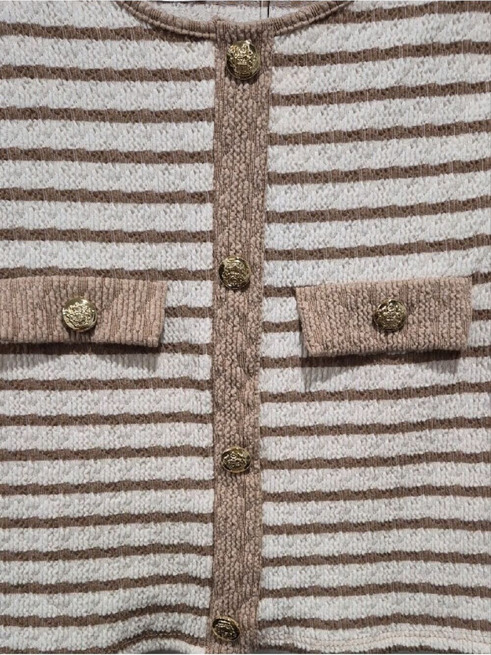 21 Saints Beige Cream Horizontal Stripe Textured Cropped Cardigan M - Picture 4 of 11